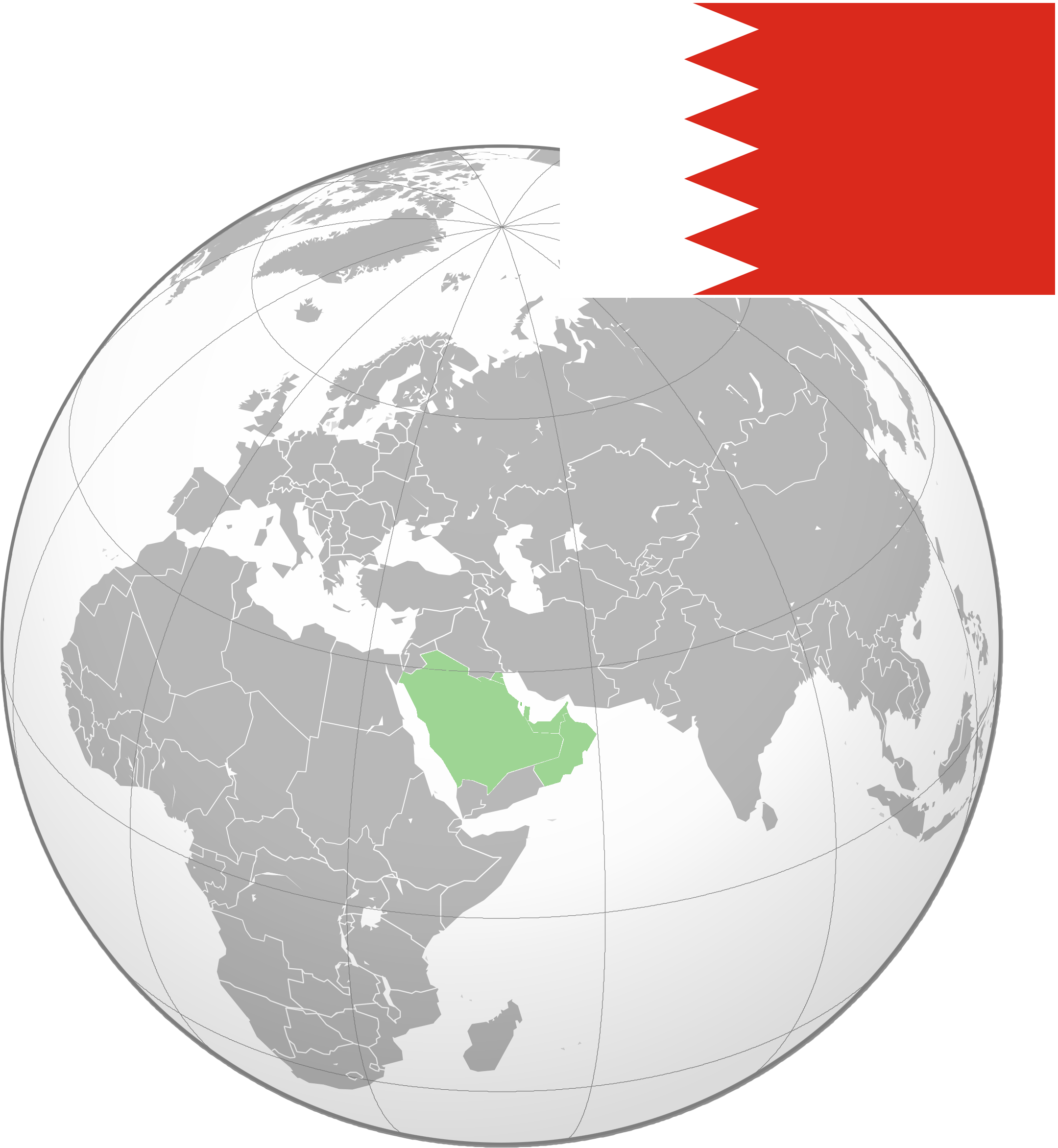 Hard to see on this scale, but, the island Kingdom of Bahrain sits in the Arabian (Persian) Gulf.